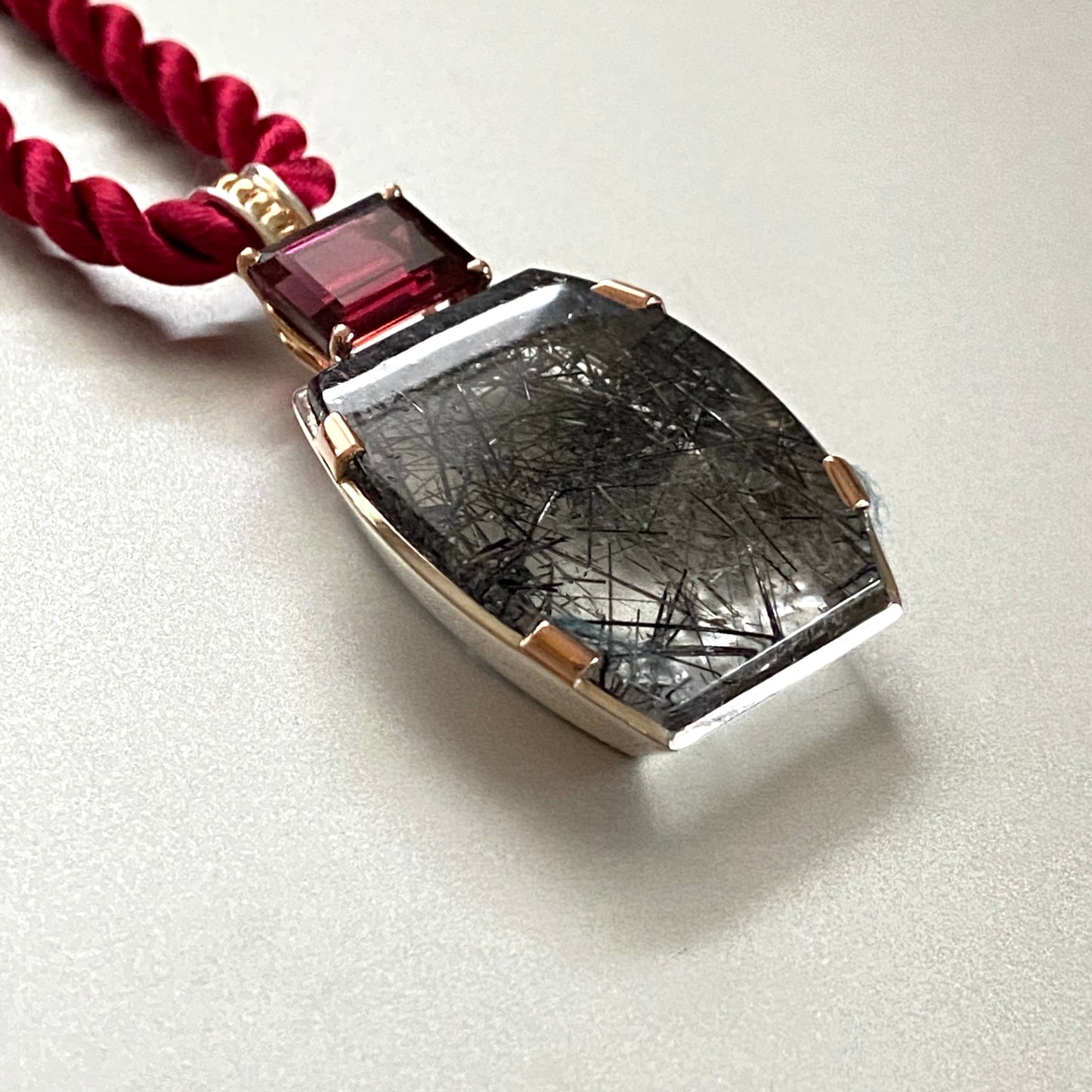 4.40 Rutilated Quartz with Rhodolite Garnet Pendant