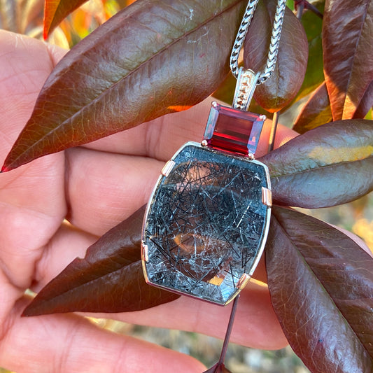4.40 Rutilated Quartz with Rhodolite Garnet Pendant